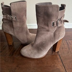 Dolce Vita Taupe Suede Stacked Heel Booties